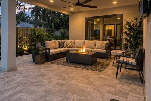 Finished covered outdoor living patio with evening lighting