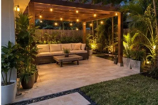 Finished backyard pergola and patio with warm evening lighting