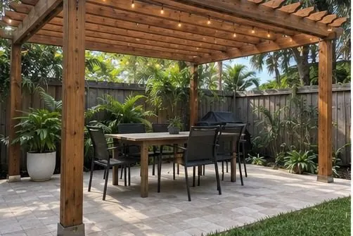 Finished cedar pergola over a compact South Florida patio