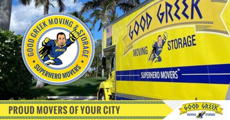 Moving company Hollywood FL logo and crew arranging items for a local move in Hollywood