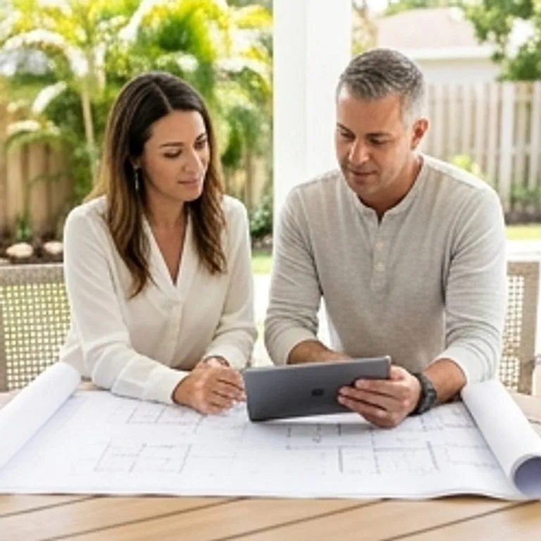 designer reviewing outdoor plans with homeowner