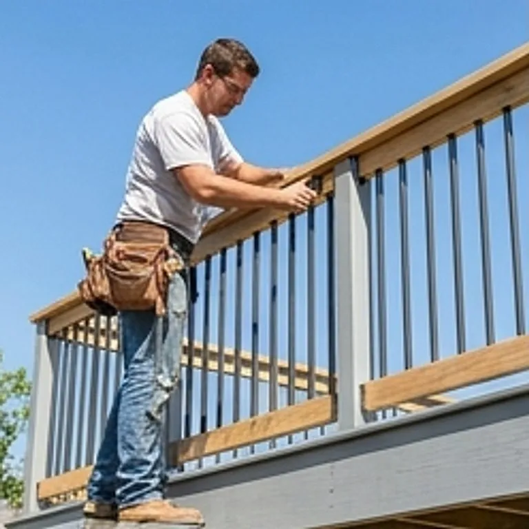 carpenter installing a deck railing